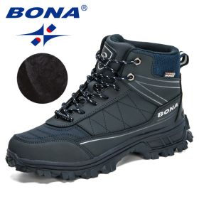 BONA 2022 New Designers Nubuck Hiking Shoes Men Trekking Tourism Camping Shoes Man Plush Warm Winter Anklt Boots Masculino Comfy (Color: Deep blue S gray, size: 10)